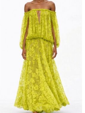 NWT Off-Shoulder Floral Lace Maxi Dress in Chartreuse